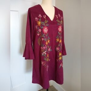 Burgundy Floral Embroidered Boho Dress with Bell Sleeves by Altar'd State Small
